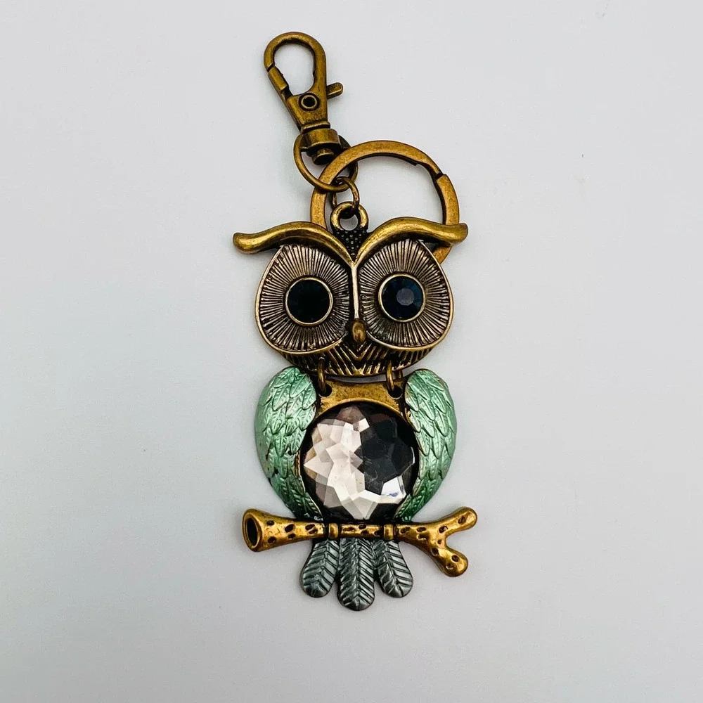Owl Keychain Antiqued Gold Metal Boho 3” Repurposed Giftable Handmade